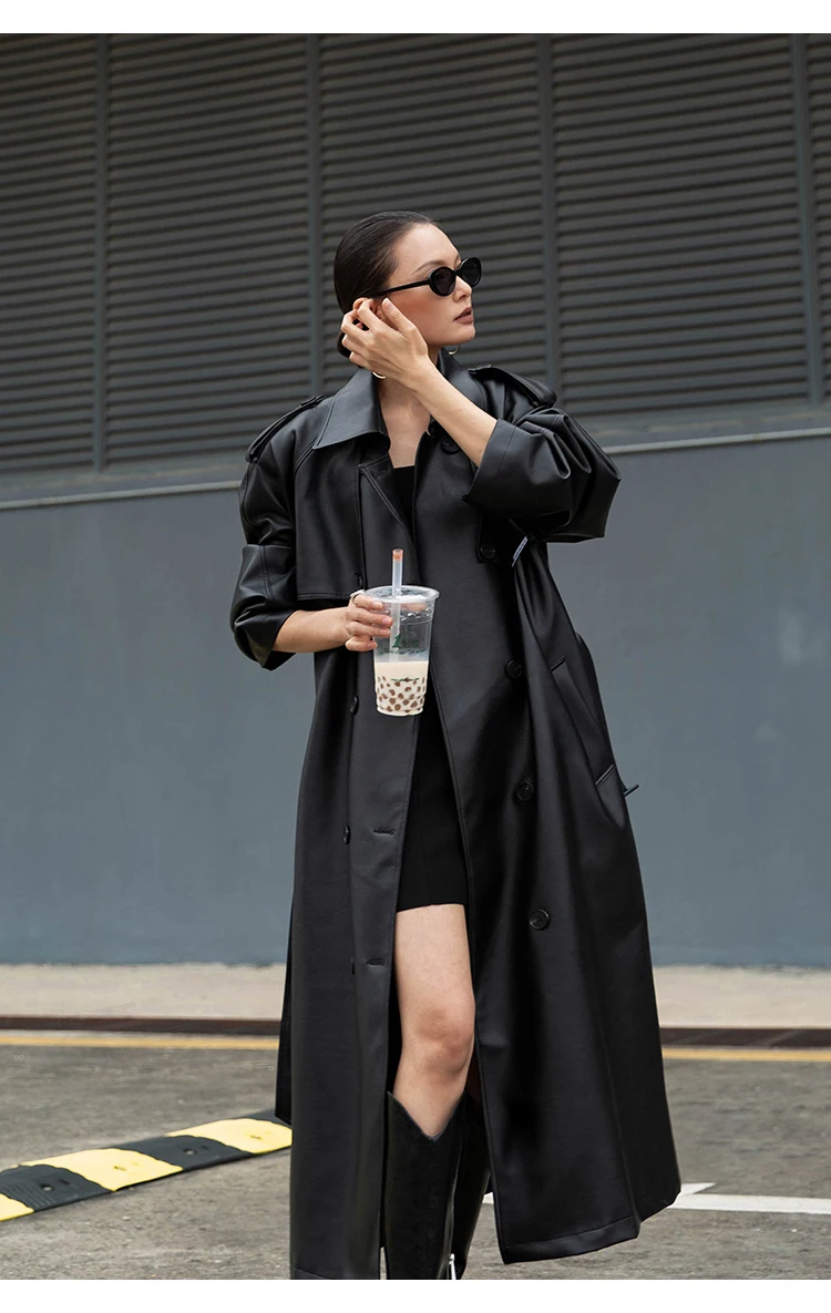 Lautaro Autumn Extra Long Oversized Black Faux Leather Trench Coat for Women Long Sleeve Belt Double Breasted Loose Fashion 2021