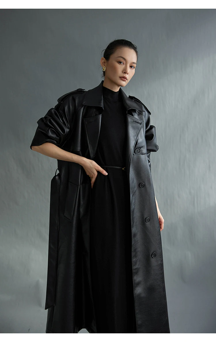 Lautaro Autumn Extra Long Oversized Black Faux Leather Trench Coat for Women Long Sleeve Belt Double Breasted Loose Fashion 2021