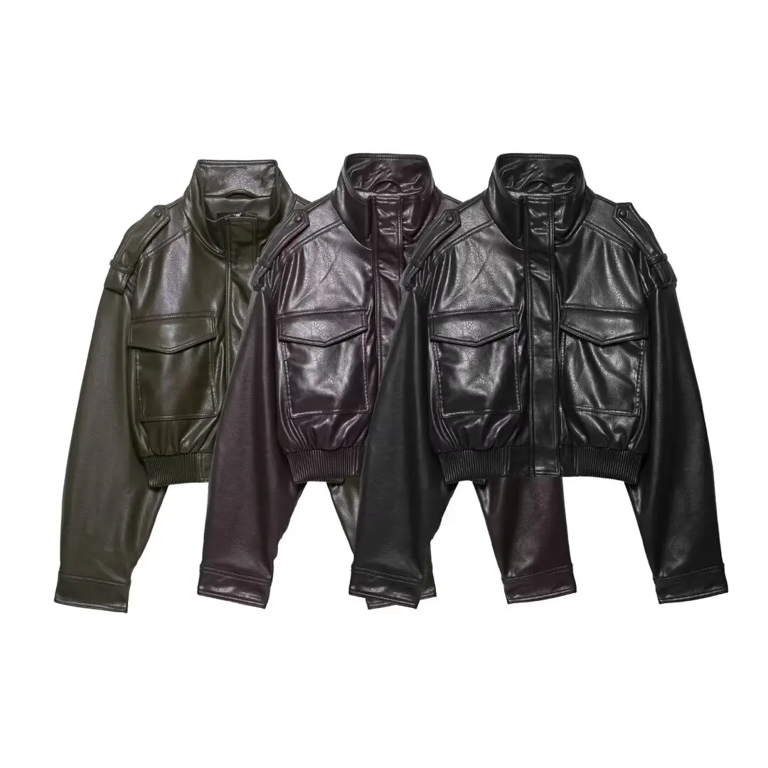 HH Women Faux Leather Cropped Jacket vintage Bomber Jackets With Pockets Long Sleeve Coats Zipper Overcoat Jacket For Woman