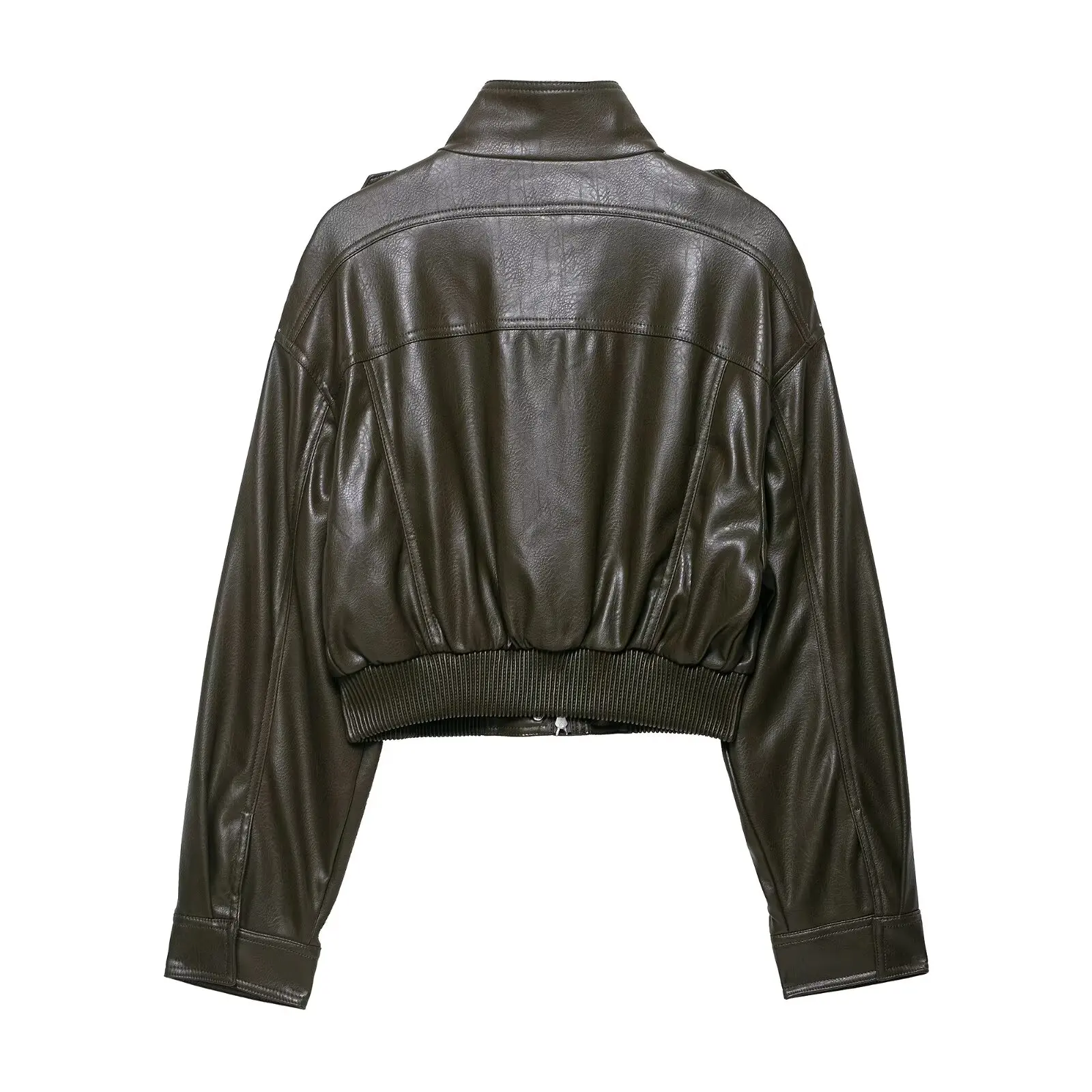 HH Women Faux Leather Cropped Jacket vintage Bomber Jackets With Pockets Long Sleeve Coats Zipper Overcoat Jacket For Woman