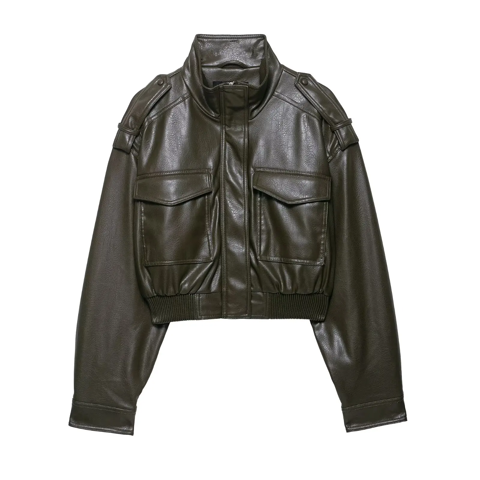 HH Women Faux Leather Cropped Jacket vintage Bomber Jackets With Pockets Long Sleeve Coats Zipper Overcoat Jacket For Woman