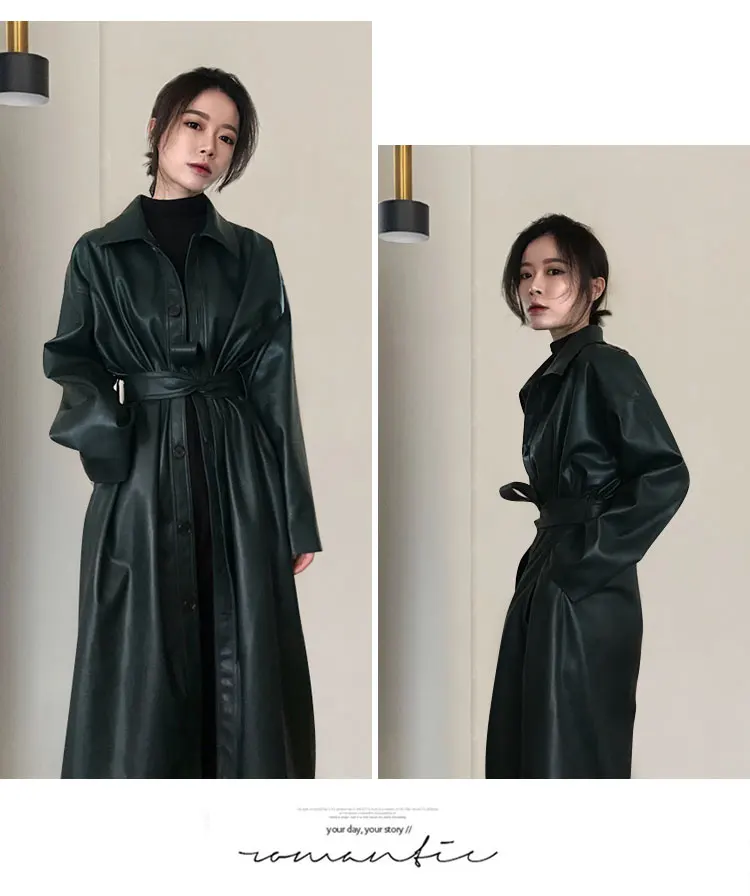 Lautaro Autumn Long Black Cool PU Leather Trench Coat for Women Belt Single Breasted Loose Korean Fashion Wholesale Clothes 2022