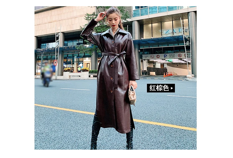 Lautaro Autumn Long Black Cool PU Leather Trench Coat for Women Belt Single Breasted Loose Korean Fashion Wholesale Clothes 2022