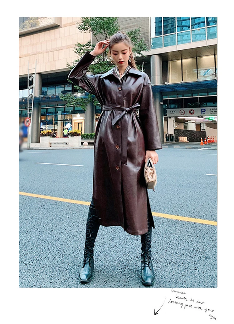Lautaro Autumn Long Black Cool PU Leather Trench Coat for Women Belt Single Breasted Loose Korean Fashion Wholesale Clothes 2022