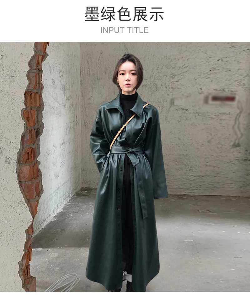Lautaro Autumn Long Black Cool PU Leather Trench Coat for Women Belt Single Breasted Loose Korean Fashion Wholesale Clothes 2022