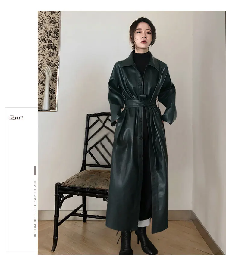Lautaro Autumn Long Black Cool PU Leather Trench Coat for Women Belt Single Breasted Loose Korean Fashion Wholesale Clothes 2022
