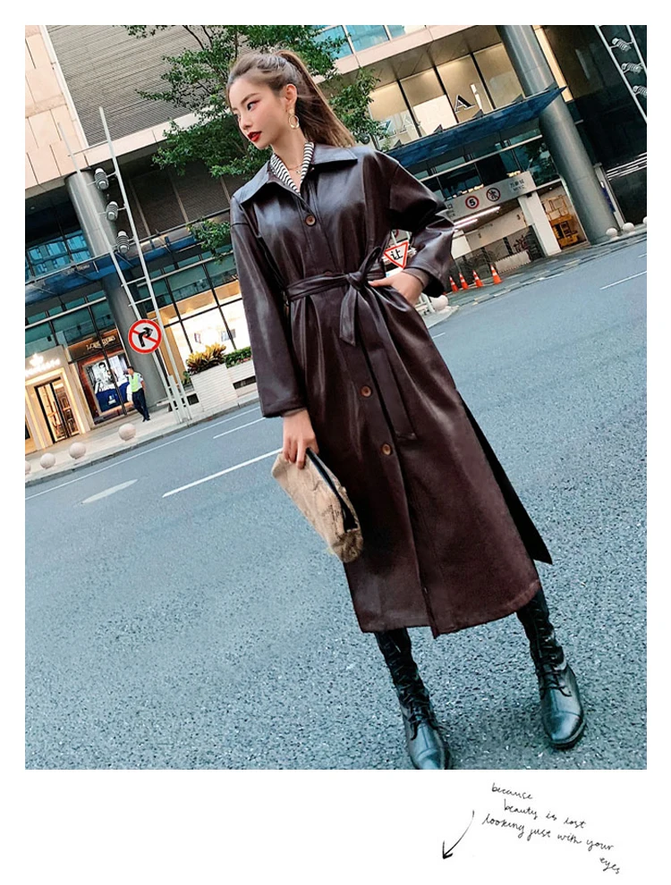 Lautaro Autumn Long Black Cool PU Leather Trench Coat for Women Belt Single Breasted Loose Korean Fashion Wholesale Clothes 2022