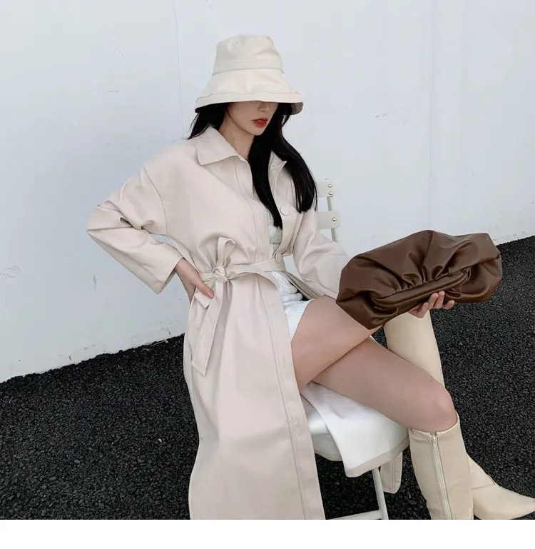 Lautaro Autumn Long Black Cool PU Leather Trench Coat for Women Belt Single Breasted Loose Korean Fashion Wholesale Clothes 2022