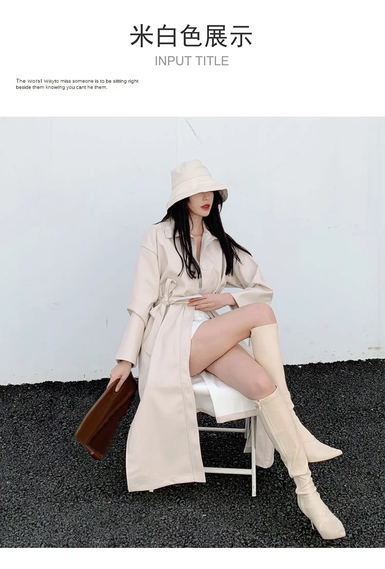 Lautaro Autumn Long Black Cool PU Leather Trench Coat for Women Belt Single Breasted Loose Korean Fashion Wholesale Clothes 2022