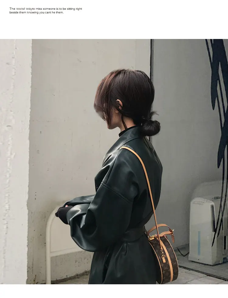 Lautaro Autumn Long Black Cool PU Leather Trench Coat for Women Belt Single Breasted Loose Korean Fashion Wholesale Clothes 2022