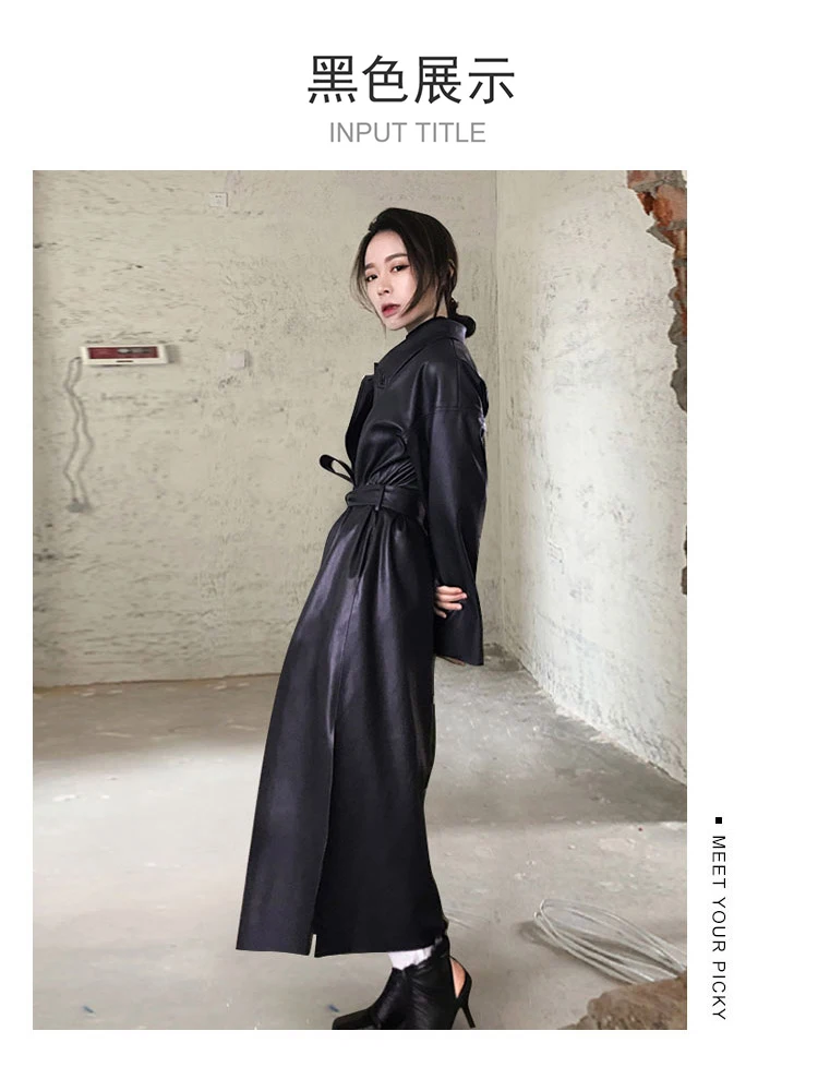 Lautaro Autumn Long Black Cool PU Leather Trench Coat for Women Belt Single Breasted Loose Korean Fashion Wholesale Clothes 2022