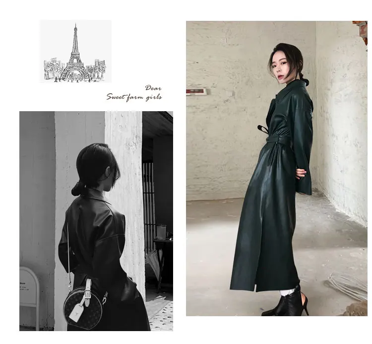 Lautaro Autumn Long Black Cool PU Leather Trench Coat for Women Belt Single Breasted Loose Korean Fashion Wholesale Clothes 2022