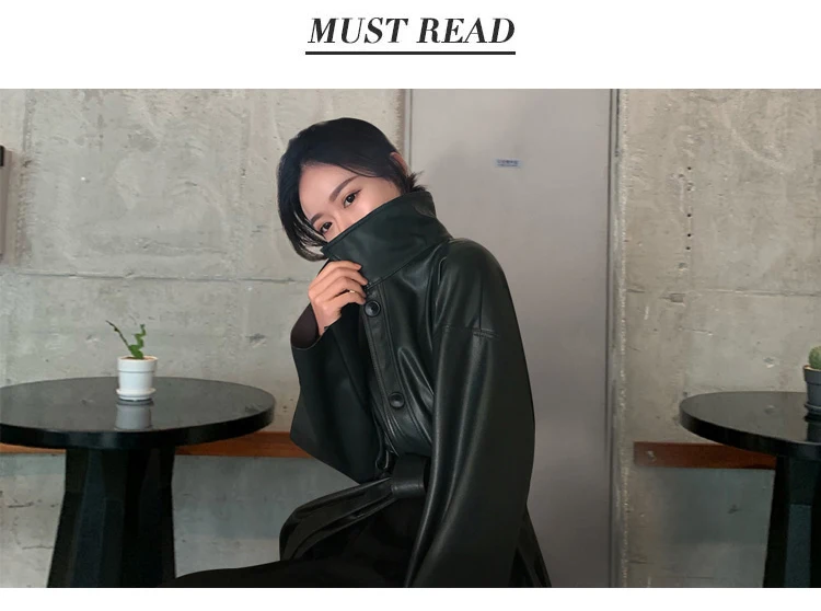 Lautaro Autumn Long Black Cool PU Leather Trench Coat for Women Belt Single Breasted Loose Korean Fashion Wholesale Clothes 2022