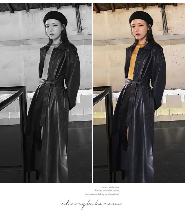 Lautaro Autumn Long Black Cool PU Leather Trench Coat for Women Belt Single Breasted Loose Korean Fashion Wholesale Clothes 2022