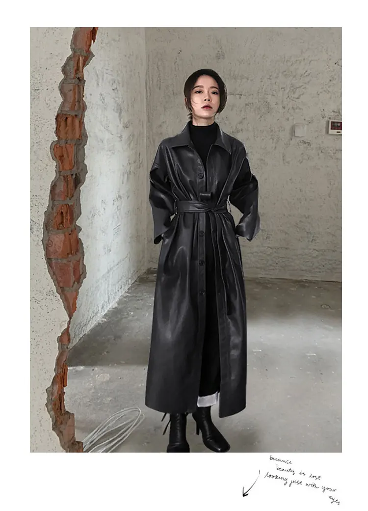 Lautaro Autumn Long Black Cool PU Leather Trench Coat for Women Belt Single Breasted Loose Korean Fashion Wholesale Clothes 2022