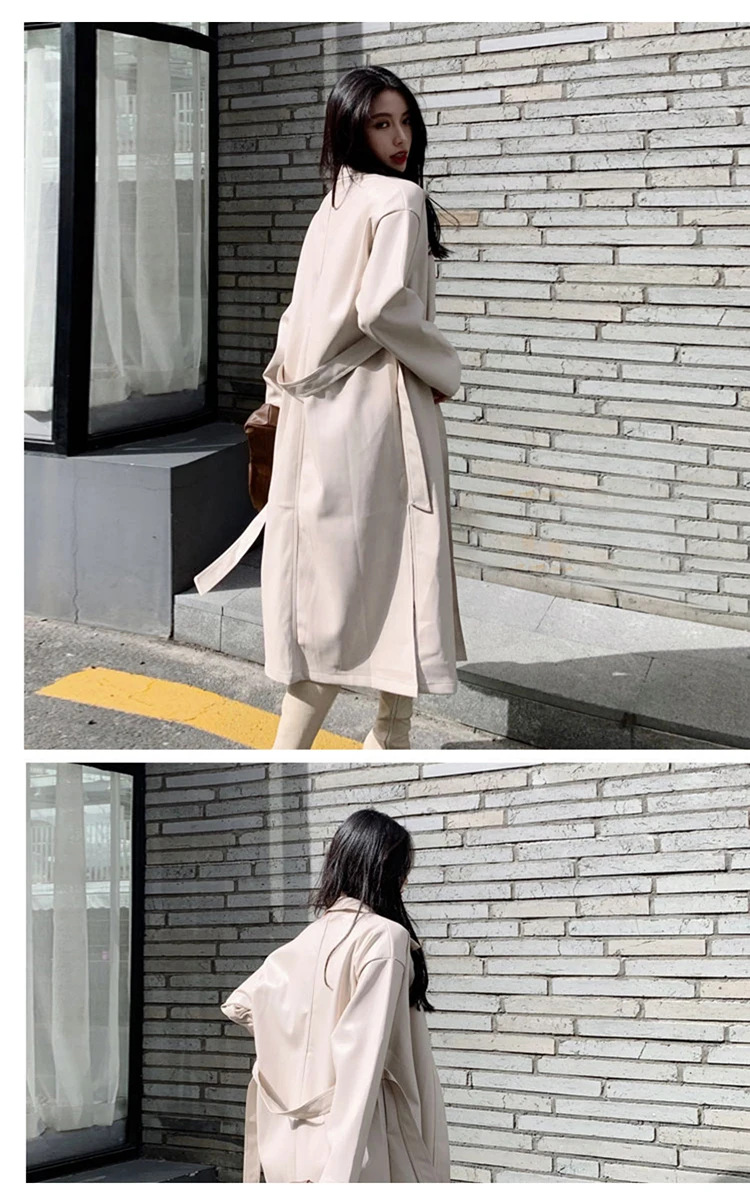 Lautaro Autumn Long Black Cool PU Leather Trench Coat for Women Belt Single Breasted Loose Korean Fashion Wholesale Clothes 2022