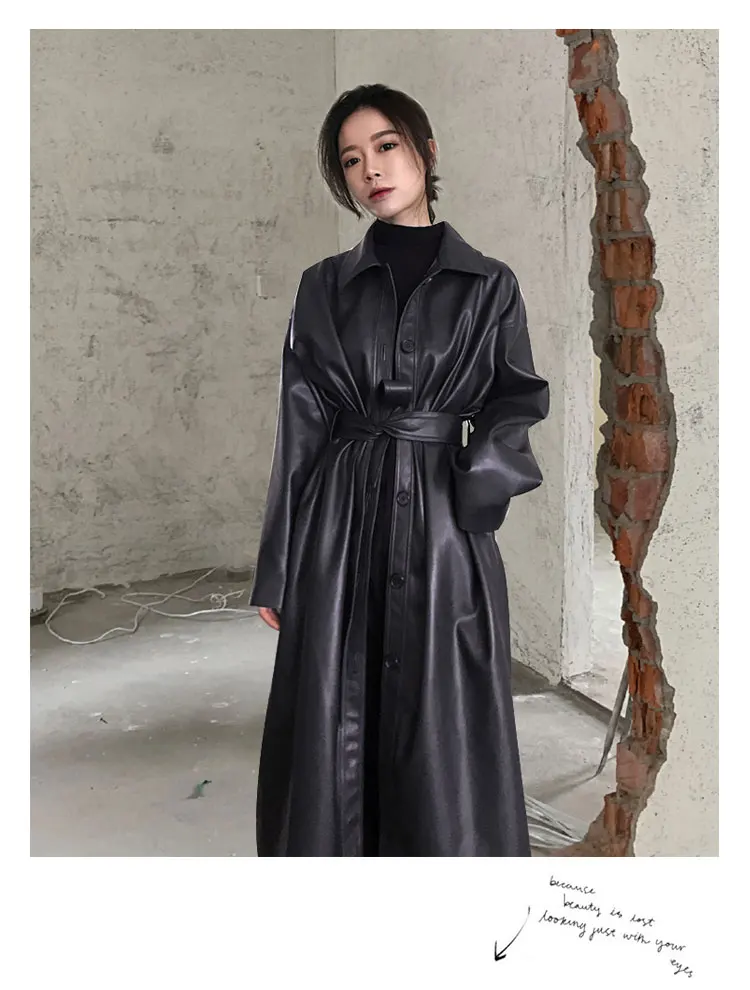 Lautaro Autumn Long Black Cool PU Leather Trench Coat for Women Belt Single Breasted Loose Korean Fashion Wholesale Clothes 2022