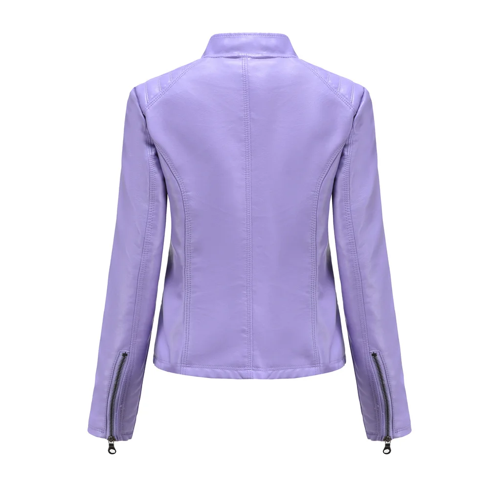 2026 New Lavender Purple Women's Long Sleeve PU Jacket, Fashion Motorcycle Leather Jackets, Red Coat, Black Outerwear.