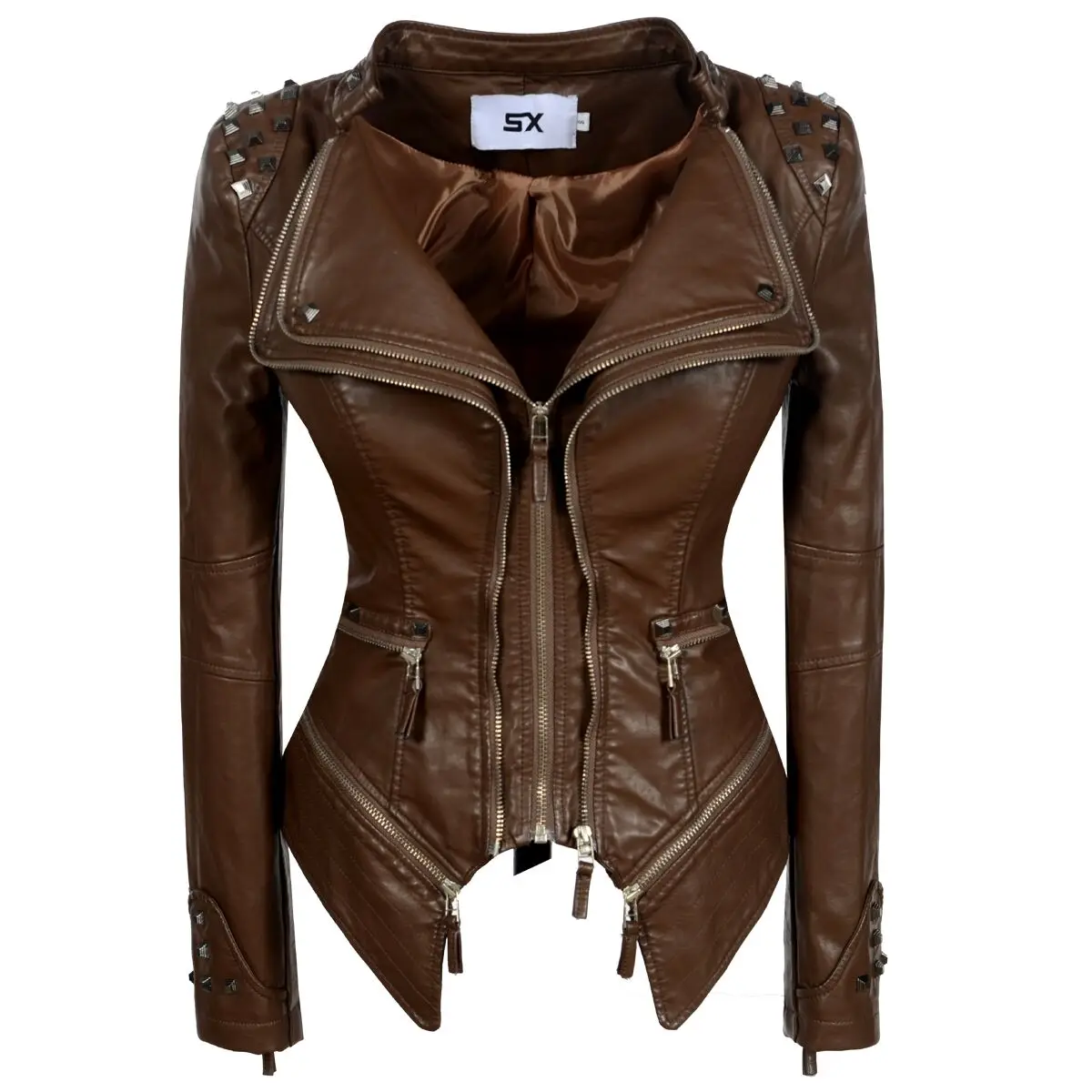Fashion SX Women Smooth Motorcycle faux PU Leather Jacket Lady Long Sleeve slim Biker Streetwear Snake print black Coat