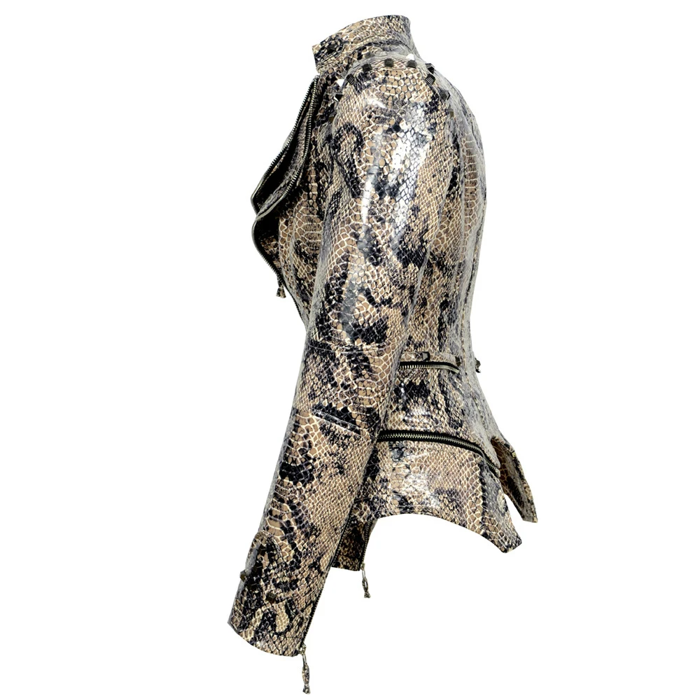 Fashion SX Women Smooth Motorcycle faux PU Leather Jacket Lady Long Sleeve slim Biker Streetwear Snake print black Coat