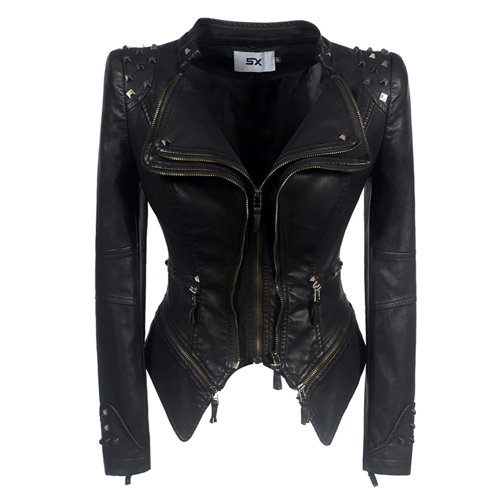 Fashion SX Women Smooth Motorcycle faux PU Leather Jacket Lady Long Sleeve slim Biker Streetwear Snake print black Coat