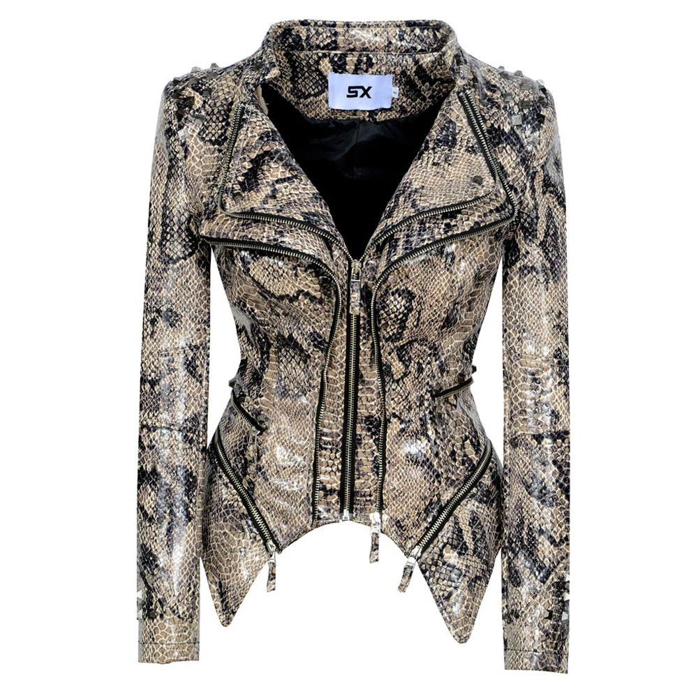 Fashion SX Women Smooth Motorcycle faux PU Leather Jacket Lady Long Sleeve slim Biker Streetwear Snake print black Coat