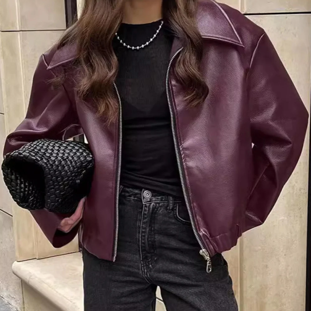 Autumn Women Casual Loose Motorcycle Jacket Turn Down Collar Long Sleeve PU Leather Zip Bomber Coats FYY-500