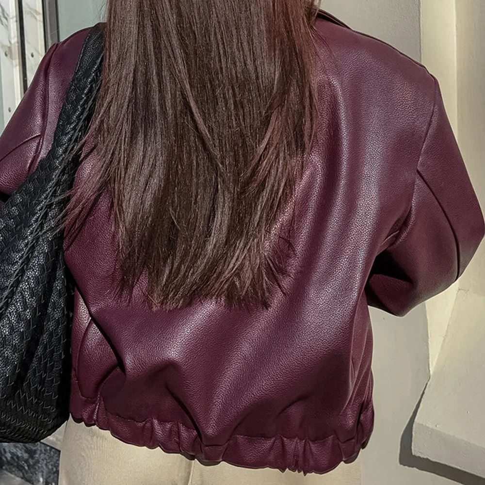 Autumn Women Casual Loose Motorcycle Jacket Turn Down Collar Long Sleeve PU Leather Zip Bomber Coats FYY-500