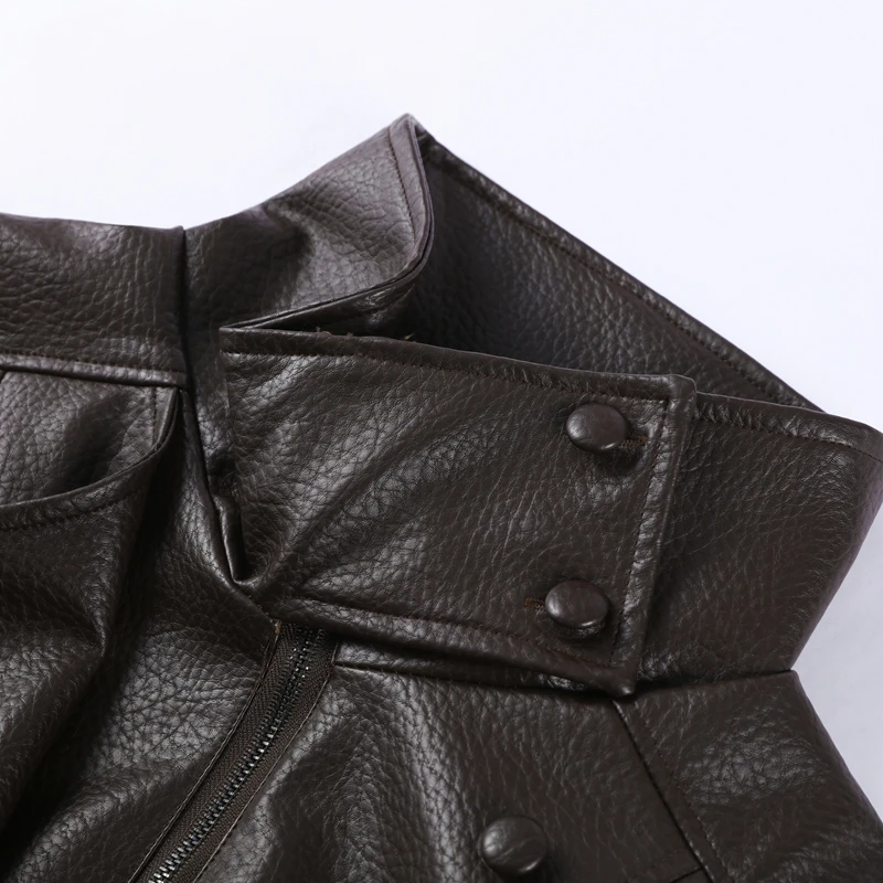 Black Asymmetry Buttons Leather Jackets Women Lapel Long Sleeve Warm Street Jacket 2025 Autumn Winter Lady Thick Outwear New