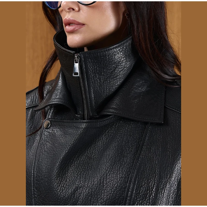 Black Asymmetry Buttons Leather Jackets Women Lapel Long Sleeve Warm Street Jacket 2025 Autumn Winter Lady Thick Outwear New