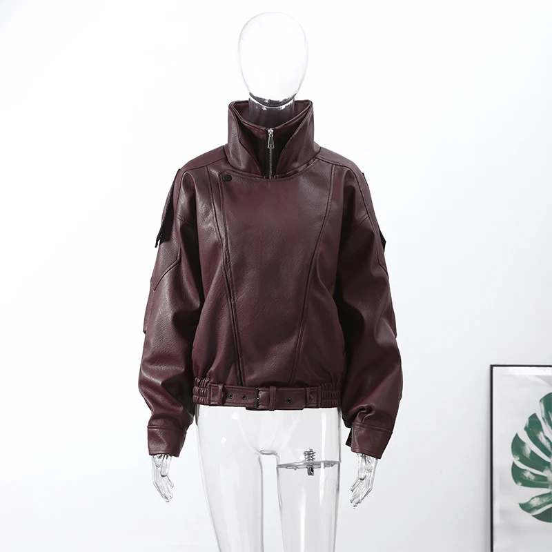 Black Asymmetry Buttons Leather Jackets Women Lapel Long Sleeve Warm Street Jacket 2025 Autumn Winter Lady Thick Outwear New
