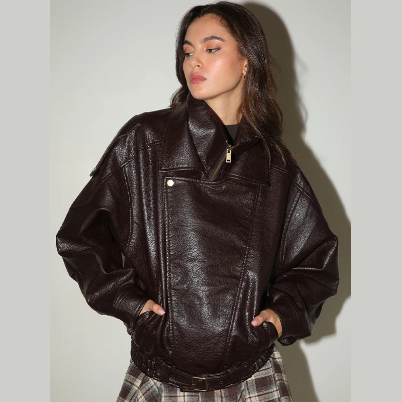 Black Asymmetry Buttons Leather Jackets Women Lapel Long Sleeve Warm Street Jacket 2025 Autumn Winter Lady Thick Outwear New