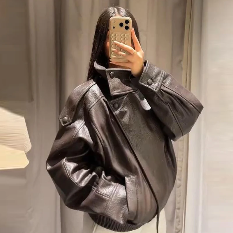 Black Asymmetry Buttons Leather Jackets Women Lapel Long Sleeve Warm Street Jacket 2025 Autumn Winter Lady Thick Outwear New