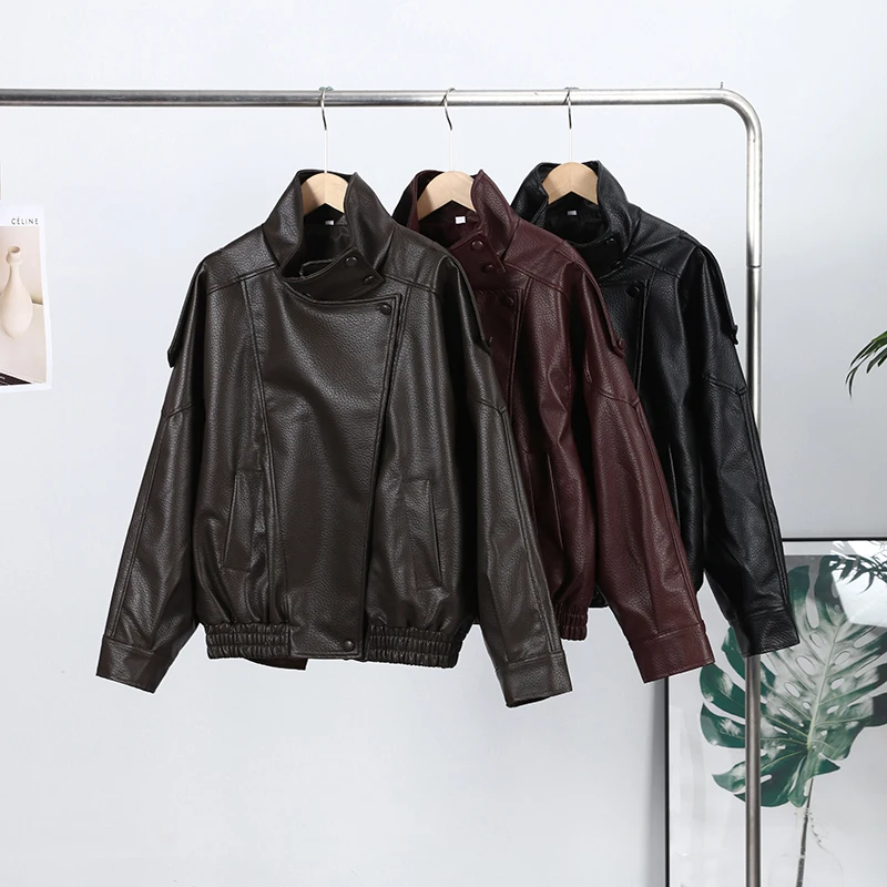 Black Asymmetry Buttons Leather Jackets Women Lapel Long Sleeve Warm Street Jacket 2025 Autumn Winter Lady Thick Outwear New