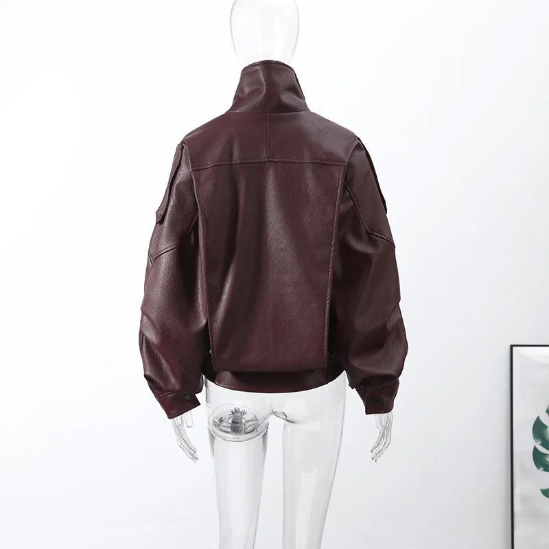 Black Asymmetry Buttons Leather Jackets Women Lapel Long Sleeve Warm Street Jacket 2025 Autumn Winter Lady Thick Outwear New