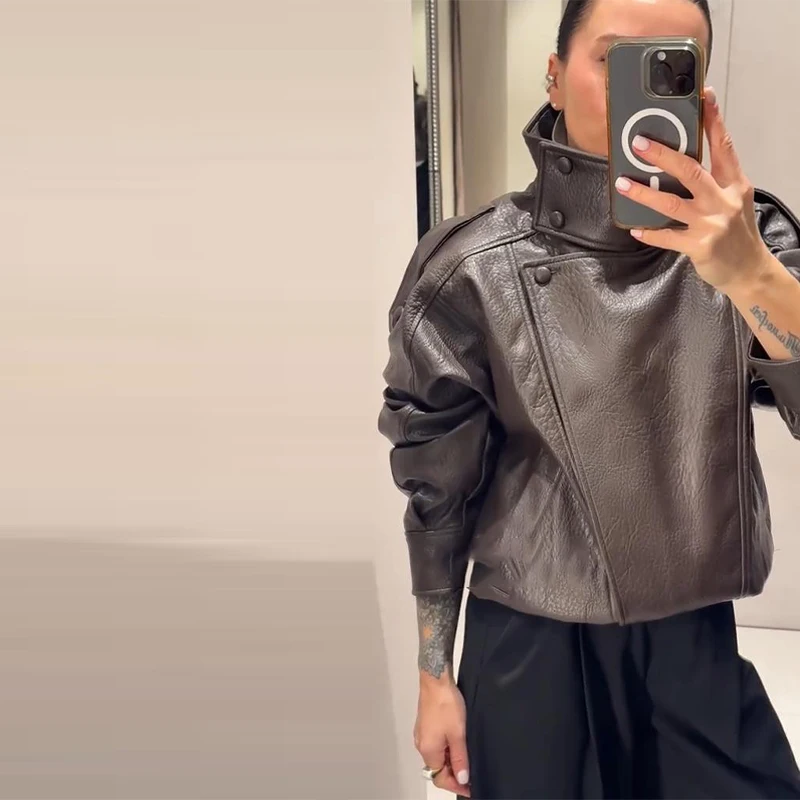 Black Asymmetry Buttons Leather Jackets Women Lapel Long Sleeve Warm Street Jacket 2025 Autumn Winter Lady Thick Outwear New