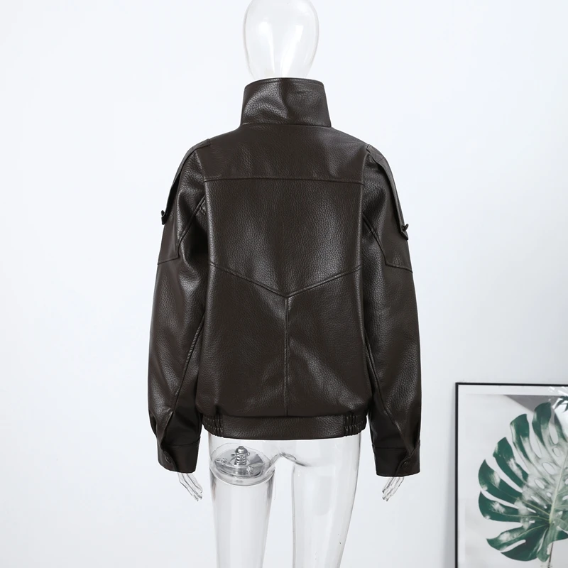 Black Asymmetry Buttons Leather Jackets Women Lapel Long Sleeve Warm Street Jacket 2025 Autumn Winter Lady Thick Outwear New
