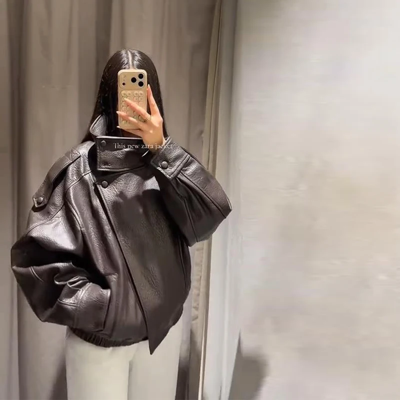Black Asymmetry Buttons Leather Jackets Women Lapel Long Sleeve Warm Street Jacket 2025 Autumn Winter Lady Thick Outwear New