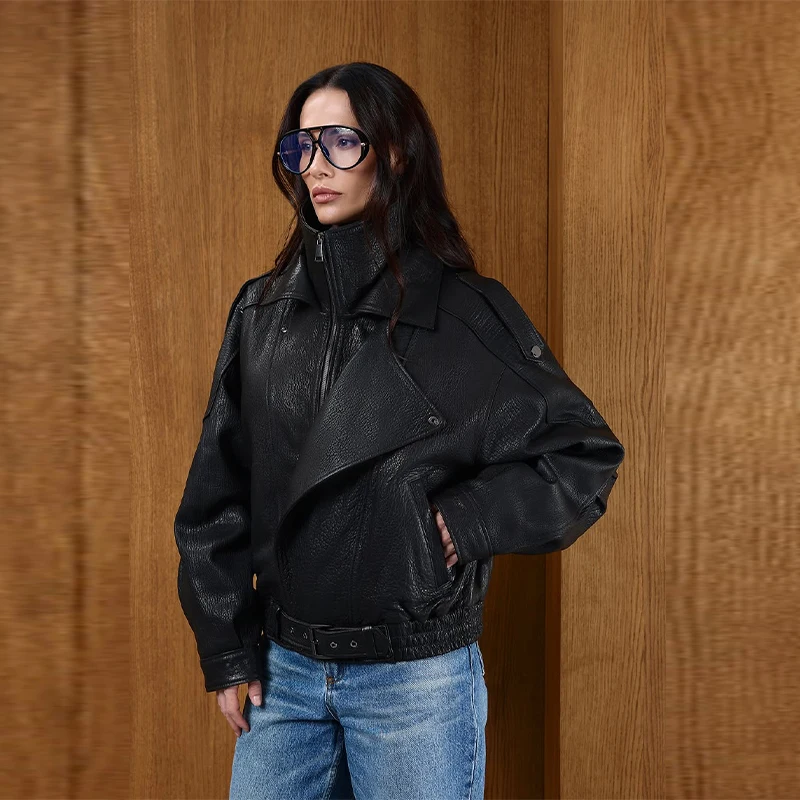 Black Asymmetry Buttons Leather Jackets Women Lapel Long Sleeve Warm Street Jacket 2025 Autumn Winter Lady Thick Outwear New