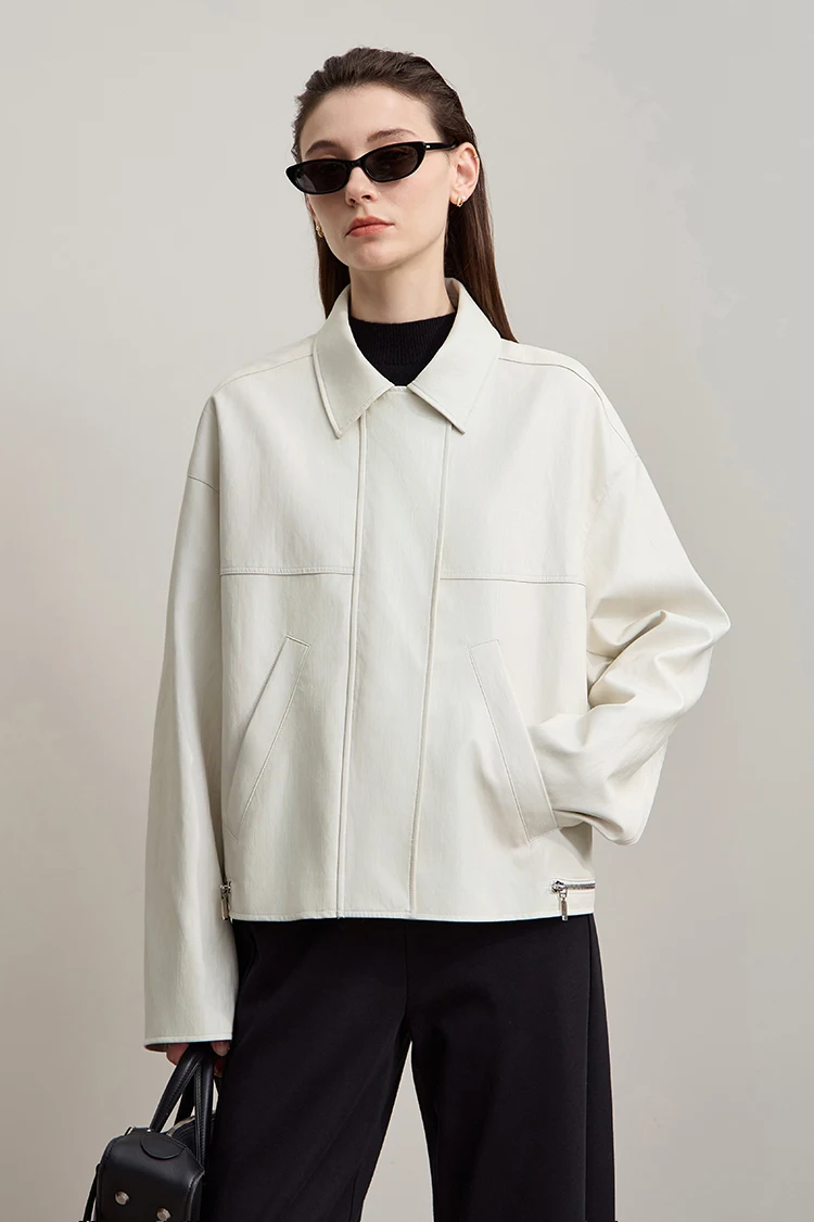 Amii Leather Jacket Women 2026 Autumn New Minimalist Lapel Loose PU Leather Zipper Shoulder Long Sleeve Coat for Woman 12543228