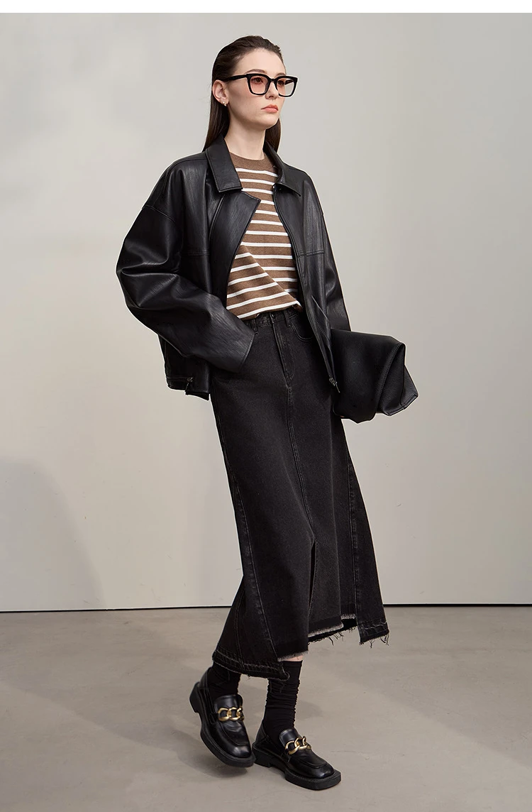 Amii Leather Jacket Women 2026 Autumn New Minimalist Lapel Loose PU Leather Zipper Shoulder Long Sleeve Coat for Woman 12543228
