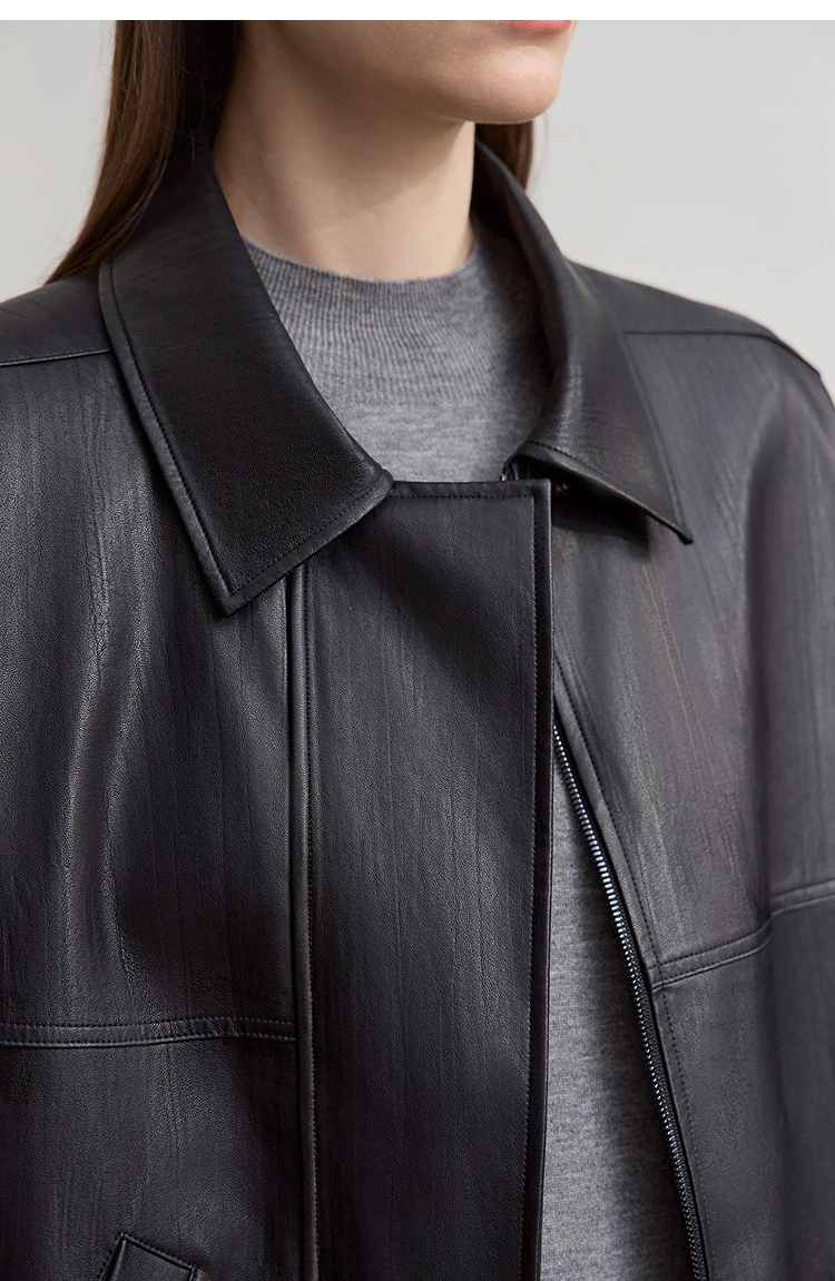 Amii Leather Jacket Women 2026 Autumn New Minimalist Lapel Loose PU Leather Zipper Shoulder Long Sleeve Coat for Woman 12543228