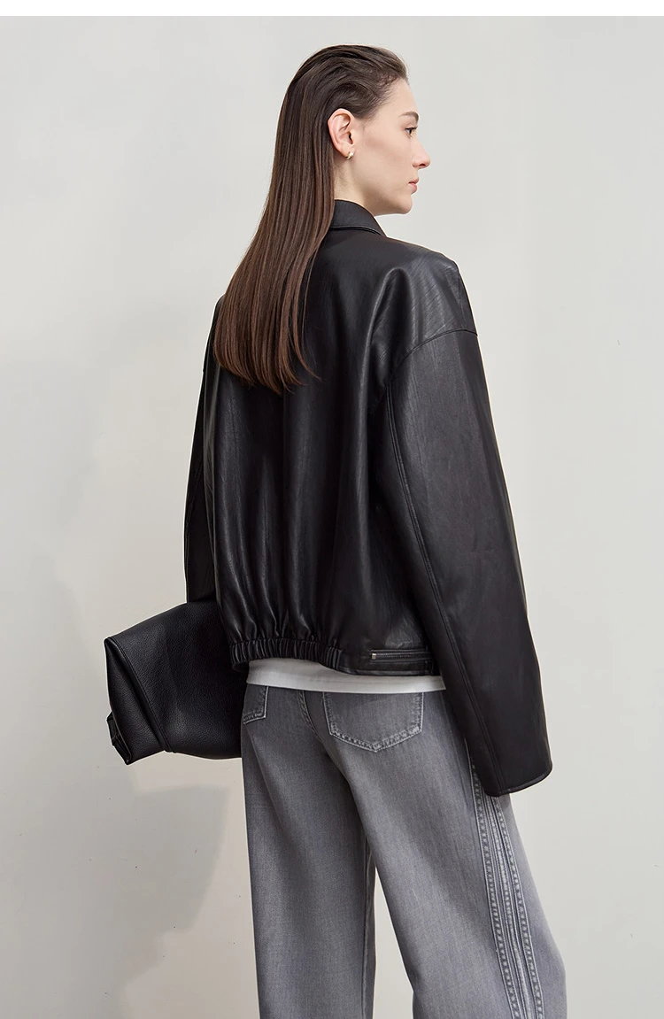 Amii Leather Jacket Women 2026 Autumn New Minimalist Lapel Loose PU Leather Zipper Shoulder Long Sleeve Coat for Woman 12543228
