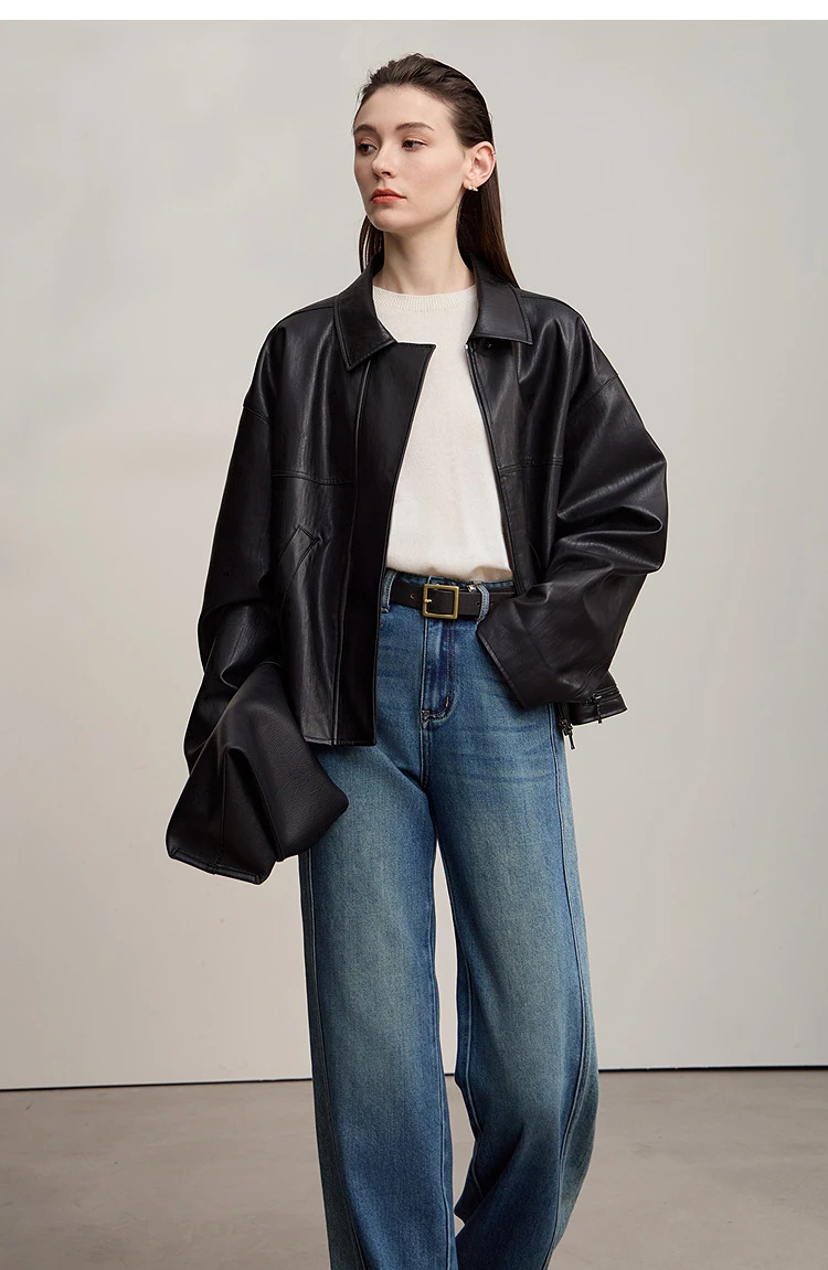 Amii Leather Jacket Women 2026 Autumn New Minimalist Lapel Loose PU Leather Zipper Shoulder Long Sleeve Coat for Woman 12543228