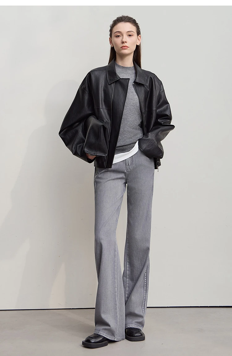 Amii Leather Jacket Women 2026 Autumn New Minimalist Lapel Loose PU Leather Zipper Shoulder Long Sleeve Coat for Woman 12543228