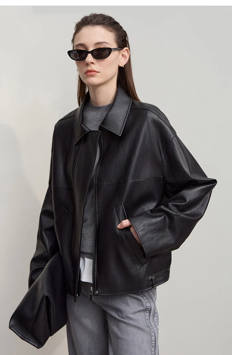 Amii Leather Jacket Women 2026 Autumn New Minimalist Lapel Loose PU Leather Zipper Shoulder Long Sleeve Coat for Woman 12543228