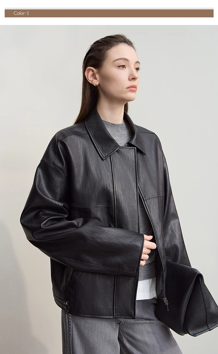 Amii Leather Jacket Women 2026 Autumn New Minimalist Lapel Loose PU Leather Zipper Shoulder Long Sleeve Coat for Woman 12543228