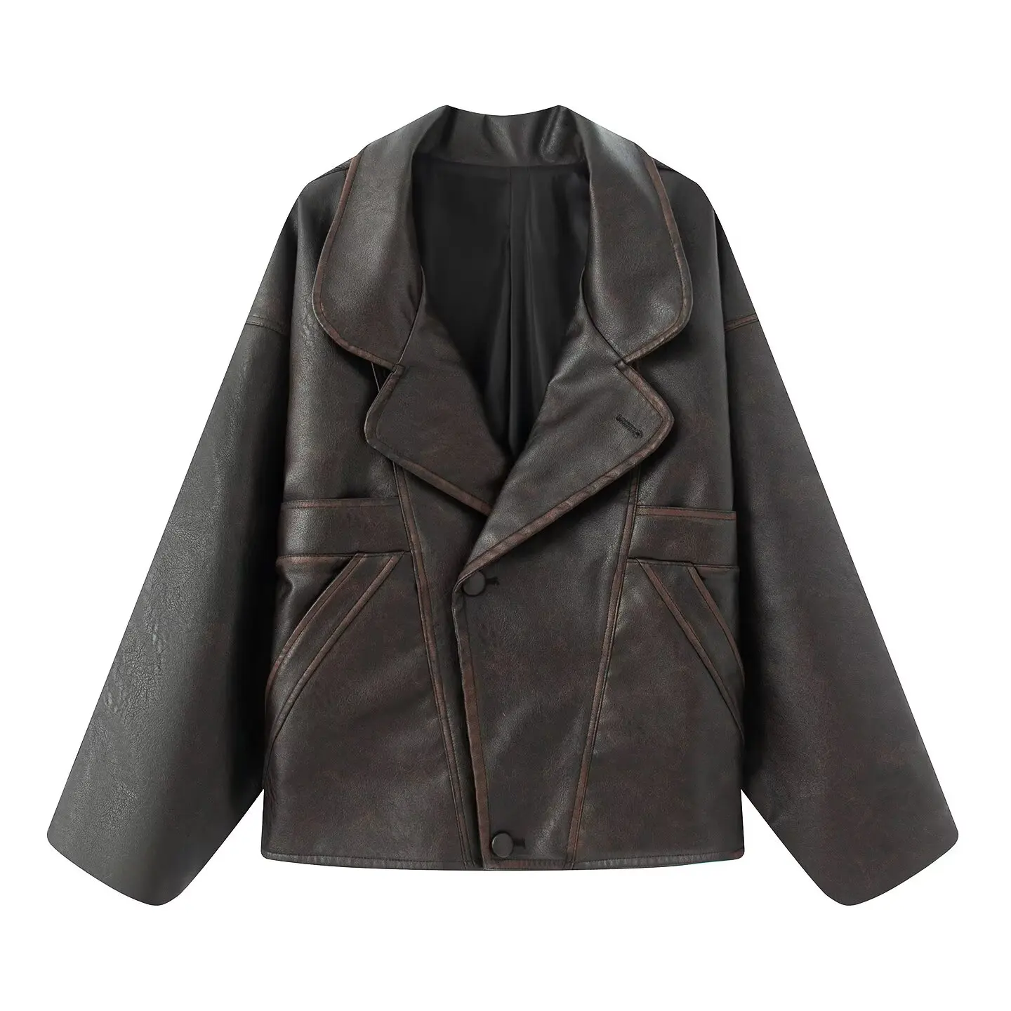 Autumn American Retro Women Washing Black PU Leather Jacket Lapel 3 Buttons Full Sleeve Oversize Coat Loose Short Outerwear