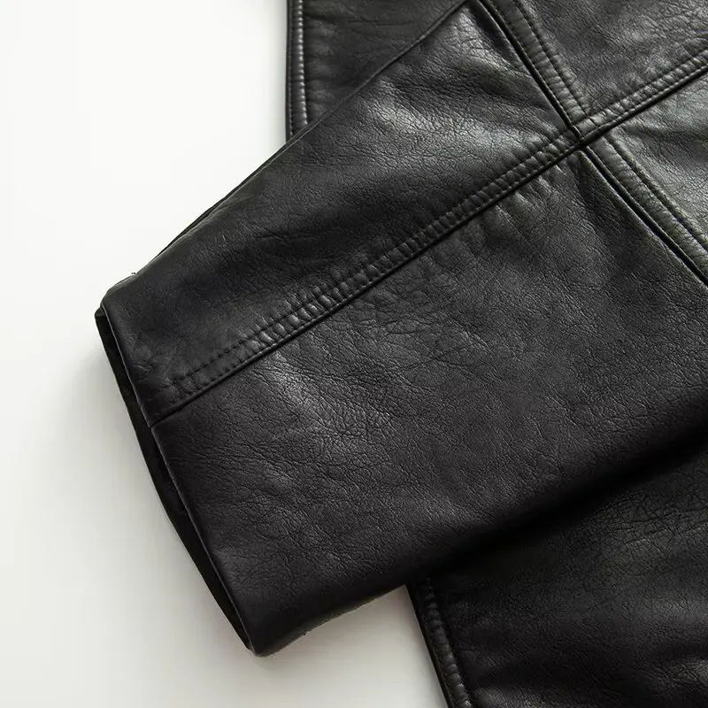 Autumn American Retro Women Washing Black PU Leather Jacket Lapel 3 Buttons Full Sleeve Oversize Coat Loose Short Outerwear
