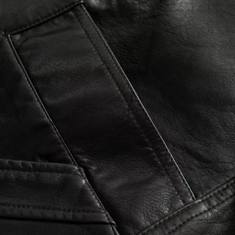 Autumn American Retro Women Washing Black PU Leather Jacket Lapel 3 Buttons Full Sleeve Oversize Coat Loose Short Outerwear
